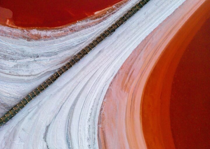 an aerial view of a red and white landscape